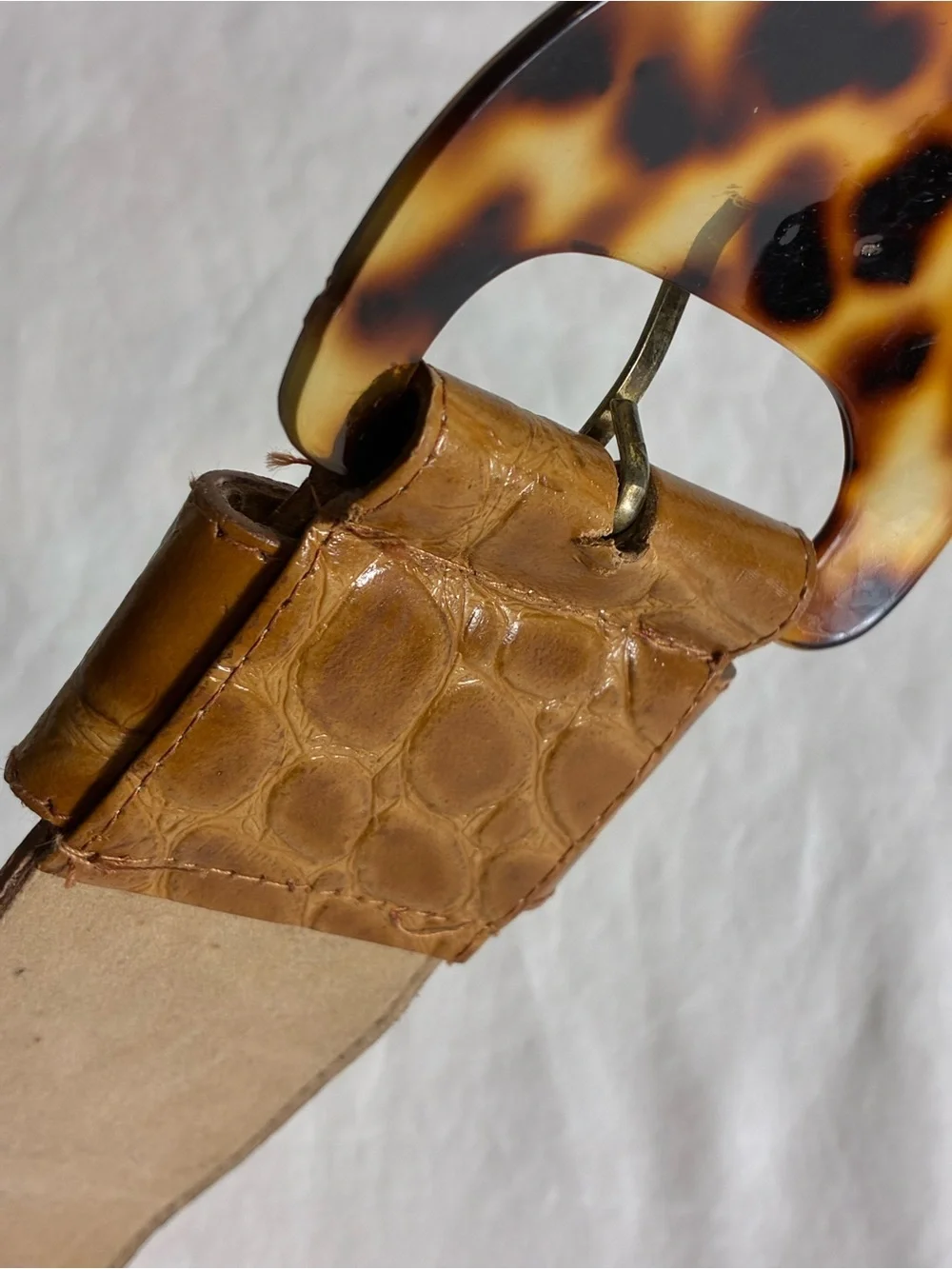 Womens belt 35” long Brown Croc-Textured faux leather Tortoiseshell Buckle